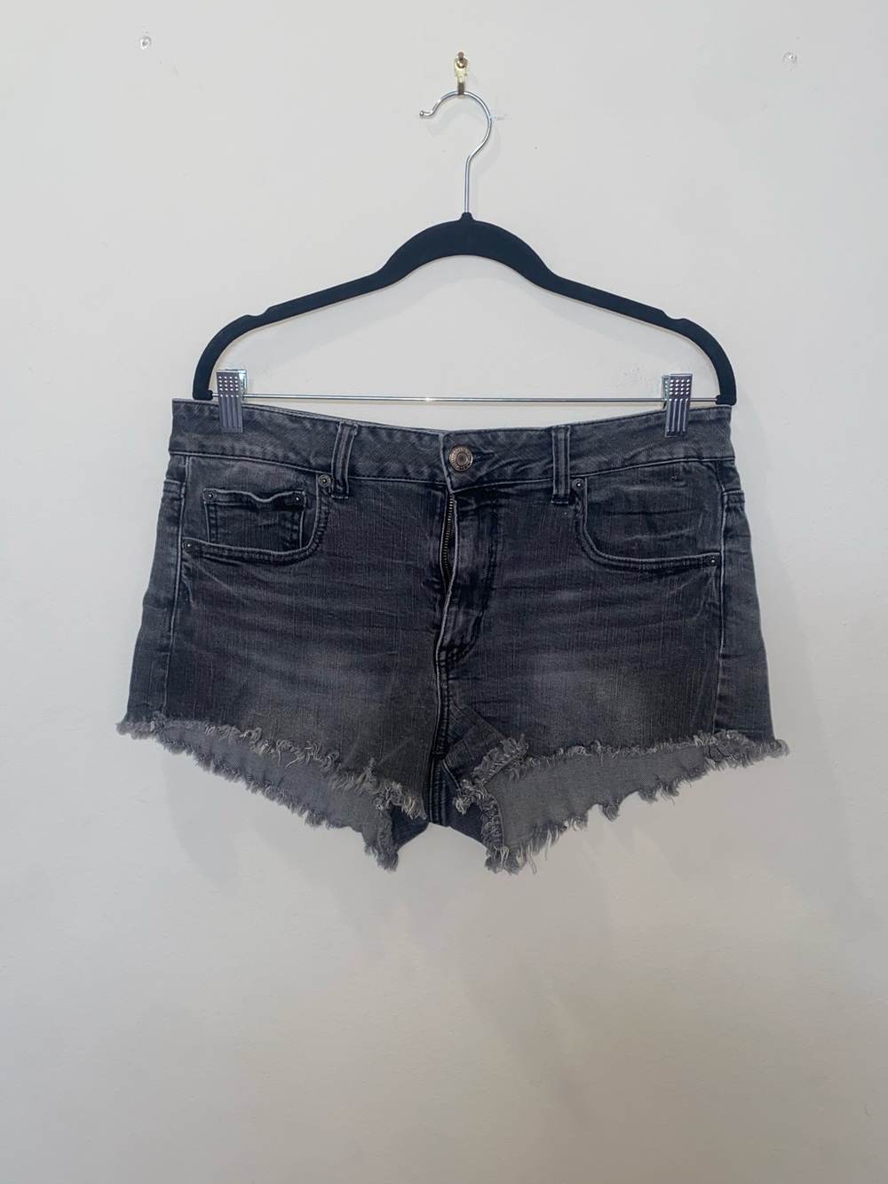 American Eagle Outfitters Faded Black Frayed Hem Mid-Rise Denim Shorts